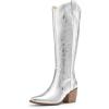 DREAM PAIRS Womens Cowboy Boots Wide Calf Comfortable Pull On Zipper Chunky Heel Pointed Toe Embroidered Western Cowgirl Knee High Boots Ladies Retro Tall Boot(Metallic Silver)