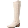 DREAM PAIRS Womens Cowboy Boots Wide Calf Comfortable Pull On Zipper Chunky Heel Pointed Toe Embroidered Western Cowgirl Knee High Boots Ladies Retro Tall Boot(Beige)