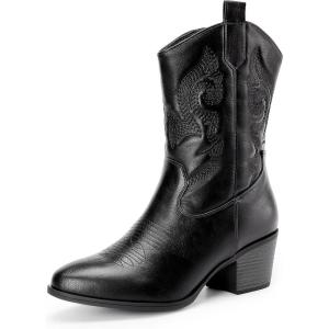 DREAM PAIRS Cowboy Boots for Women, Mid Calf Cowgirl Boots with Embroidery Round Toe Western Chunky Low Heel Shoes(All Black)