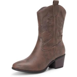 DREAM PAIRS Cowboy Boots for Women, Mid Calf Cowgirl Boots with Embroidery Round Toe Western Chunky Low Heel Shoes(Brown)