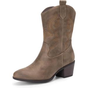 DREAM PAIRS Cowboy Boots for Women, Mid Calf Cowgirl Boots with Embroidery Round Toe Western Chunky Low Heel Shoes(Camel)