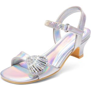 DREAM PAIRS Girls Sandals Ankle Strap Square Toe Low Heel Crystal Shell Wedding Party Flower Dress Shoes for Little Kids/Big Kids(Rainbow/Silver)