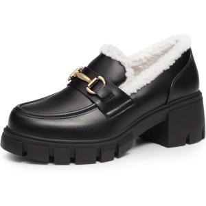 DREAM PAIRS Loafers for Women Platform Chunky Loafers Slip On Casual Shoes(Black-furry)