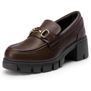 DREAM PAIRS Loafers for Women Platform Chunky Loafers Slip On Casual Shoes(Brown)