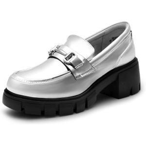 DREAM PAIRS Loafers for Women Platform Chunky Loafers Slip On Casual Shoes(Silver-pat)