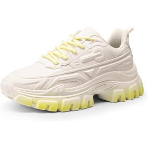 DREAM PAIRS Women Chunky Fashion Sneakers Platform Bold Lace-Up Comfortable Sneakers.(Ivory/Yellow-bold)