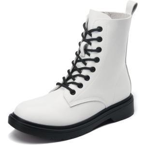 DREAM PAIRS Women Combat Boots Lace-up Low Heel Ankle Booties(White)