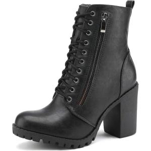 DREAM PAIRS Women’s Combat Ankle Boots Chunky Heel Lace up Fashion Heeled Booties(Black)