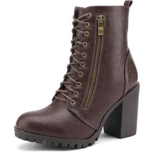 DREAM PAIRS Women’s Combat Ankle Boots Chunky Heel Lace up Fashion Heeled Booties(Brown)