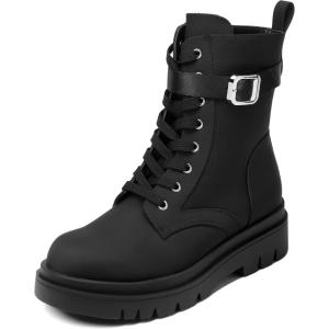 DREAM PAIRS Women’s Combat Platform Boots Lace Up Lug Sole Buckle Ankle Booties Shoes(Black)