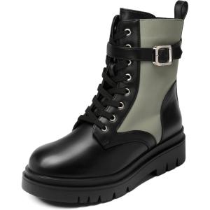 DREAM PAIRS Women’s Combat Platform Boots Lace Up Lug Sole Buckle Ankle Booties Shoes(Black/Green)