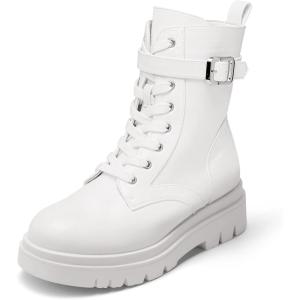 DREAM PAIRS Women’s Combat Platform Boots Lace Up Lug Sole Buckle Ankle Booties Shoes(White)