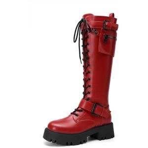 DREAM PAIRS Women’s Combat Riding Platform Knee High Boots, Lace Up Fall Lug Sole Gothic Motorcycle Boots with Inside Zipper(Red)