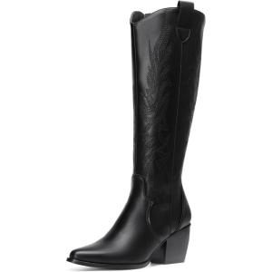 DREAM PAIRS Womens Cowboy Boots Wide Calf Comfortable Pull On Zipper Chunky Heel Pointed Toe Embroidered Western Cowgirl Knee High Boots Ladies Retro Tall Boot(Black/Pu)