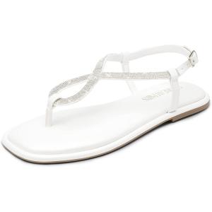 DREAM PAIRS Women’s Flat Sandals Dressy Rhinestone Thong Ankle Strap Summer Gladiator Sandals(White)
