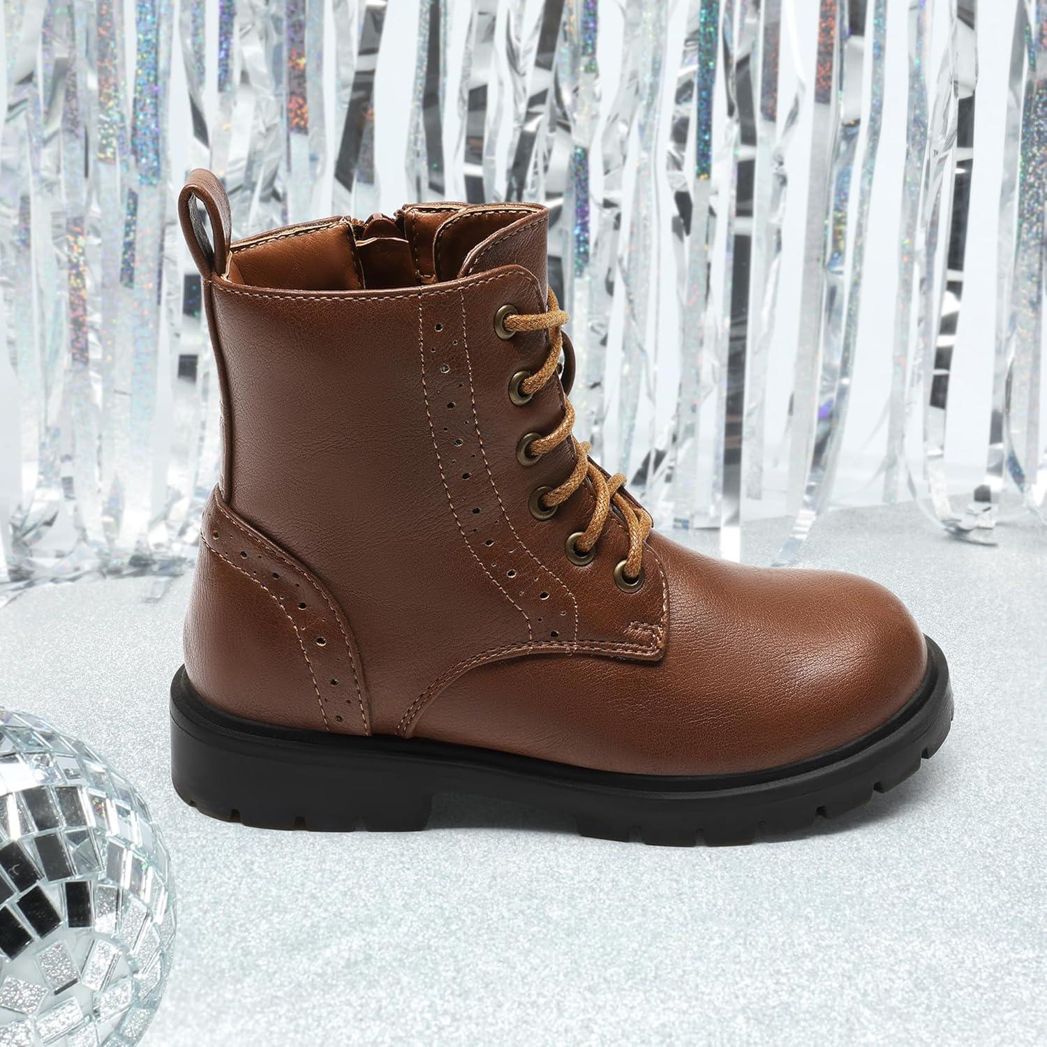 imageDREAM PAIRS Boys Girls Side Zipper Combat Ankle BootsToddlerLittle KidBrownPu