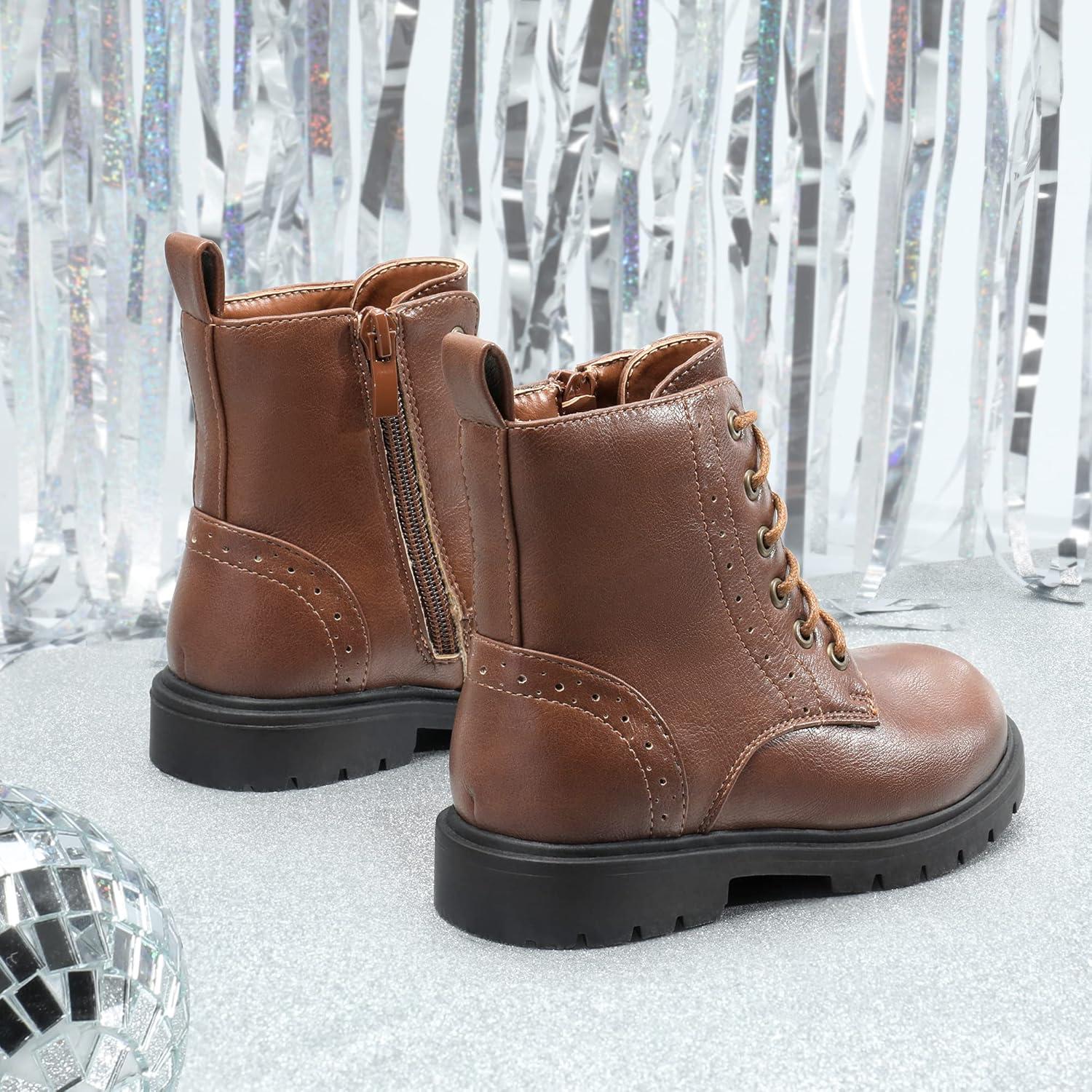 imageDREAM PAIRS Boys Girls Side Zipper Combat Ankle BootsToddlerLittle KidBrownPu