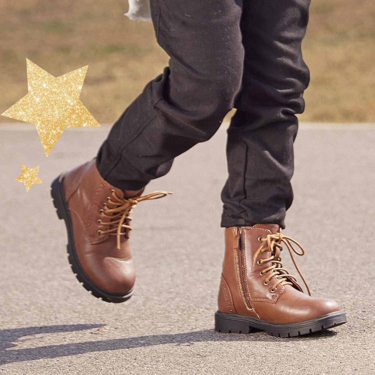 imageDREAM PAIRS Boys Girls Side Zipper Combat Ankle BootsToddlerLittle KidBrownPu