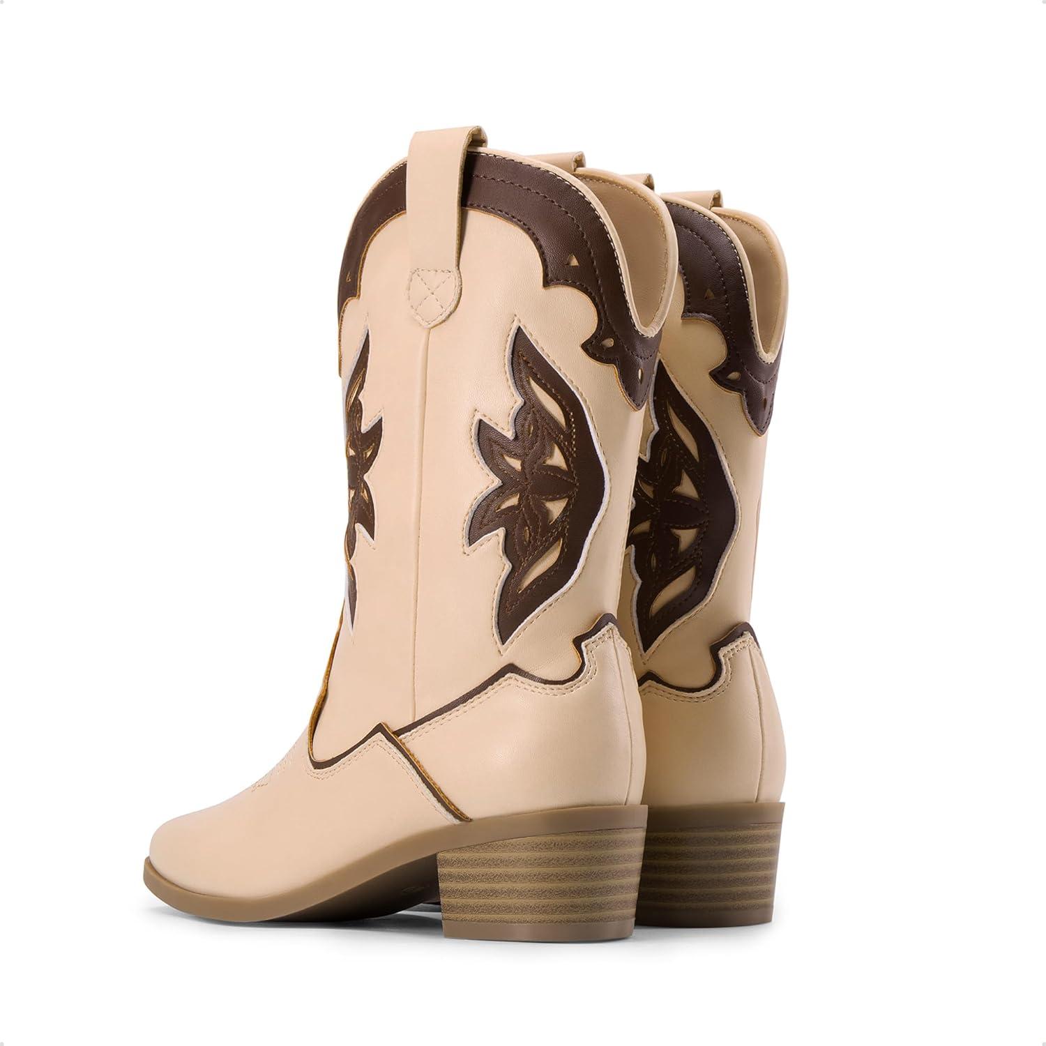 imageDREAM PAIRS Girls Cowgirl Cowboy Boots Western Fashion Mid Calf BootsKhakiBrown