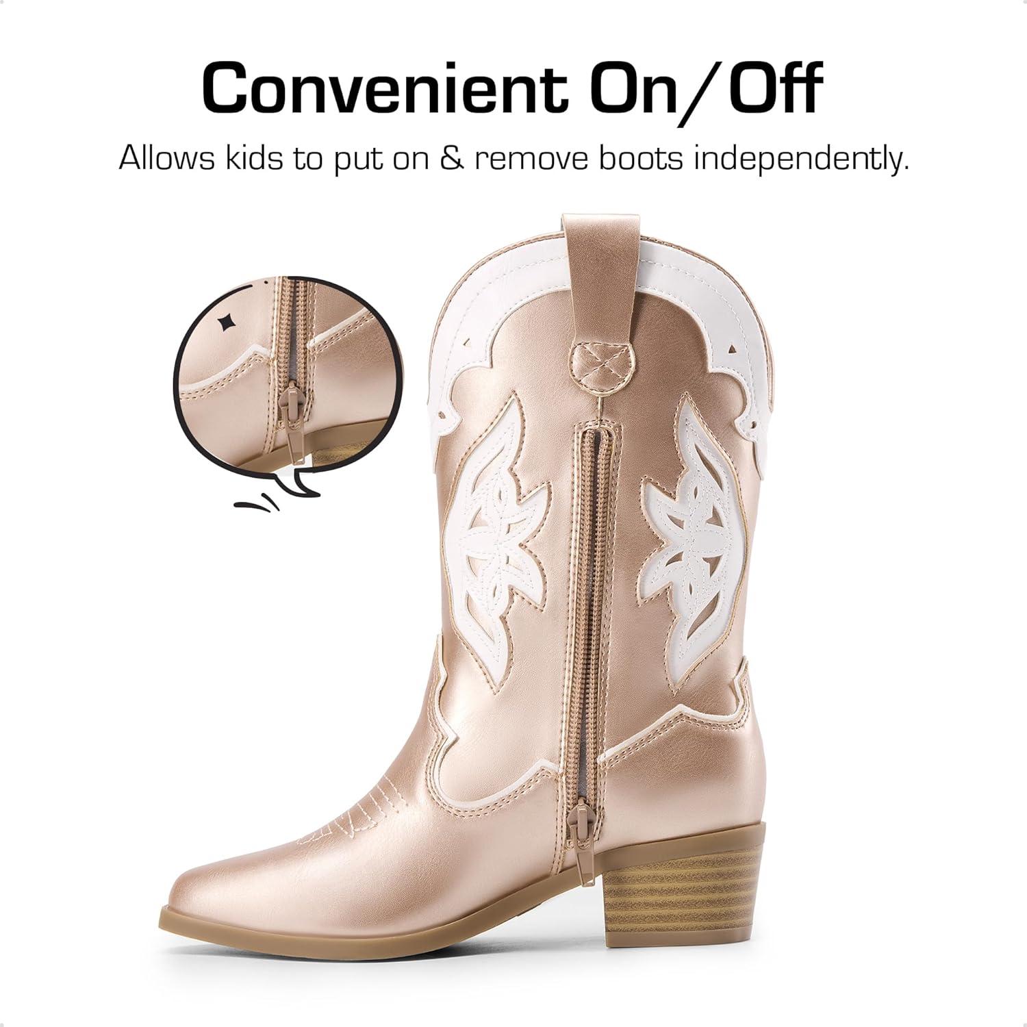 imageDREAM PAIRS Girls Cowgirl Cowboy Boots Western Fashion Mid Calf BootsRose Gold