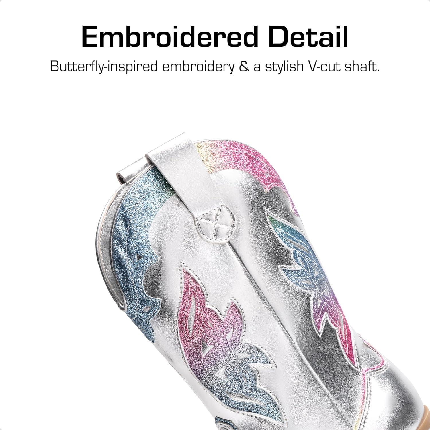 imageDREAM PAIRS Girls Cowgirl Cowboy Boots Western Fashion Mid Calf BootsSilver