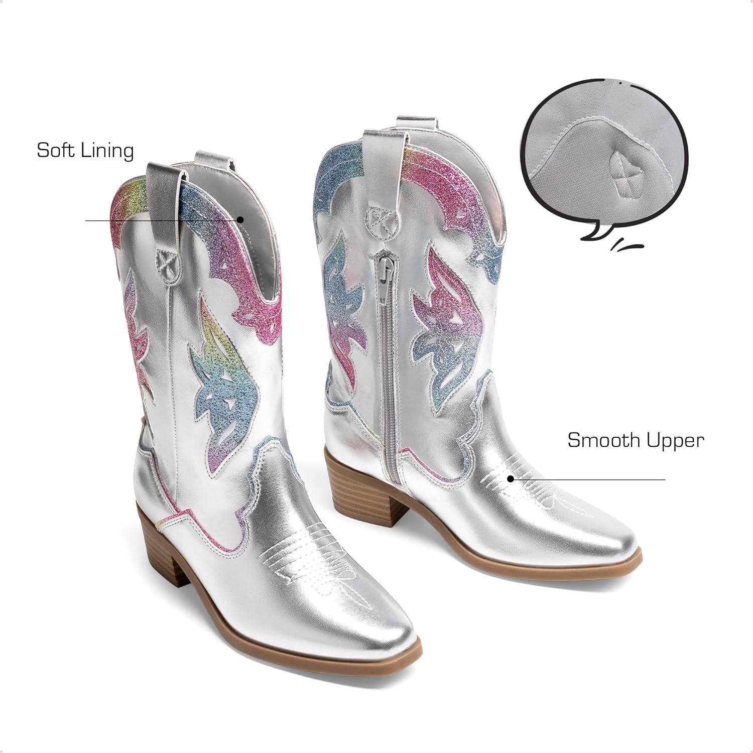 imageDREAM PAIRS Girls Cowgirl Cowboy Boots Western Fashion Mid Calf BootsSilver