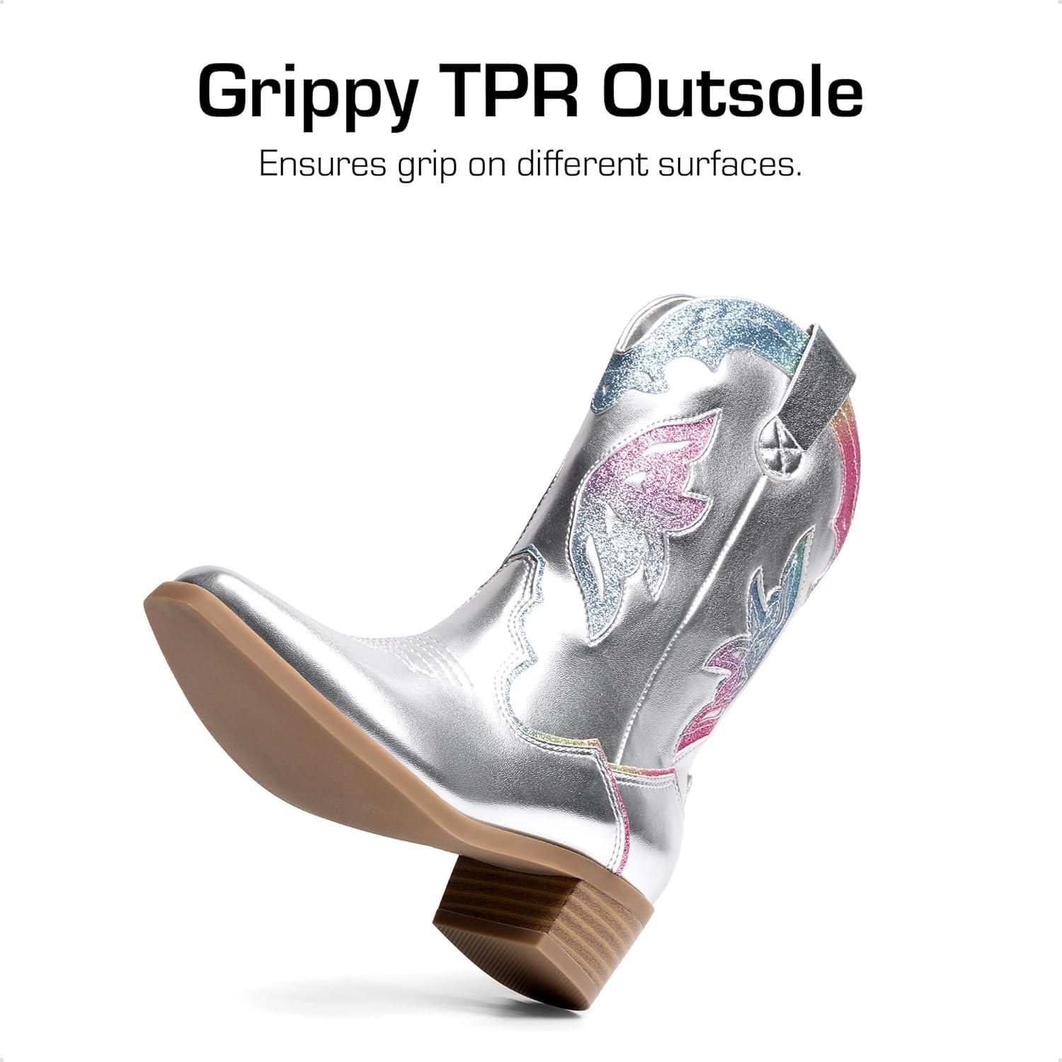 imageDREAM PAIRS Girls Cowgirl Cowboy Boots Western Fashion Mid Calf BootsSilver