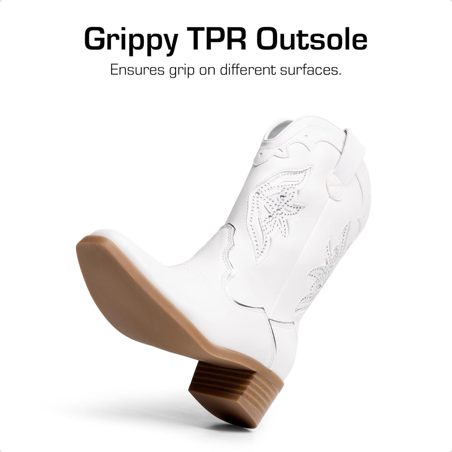 imageDREAM PAIRS Girls Cowgirl Cowboy Boots Western Fashion Mid Calf BootsWhite