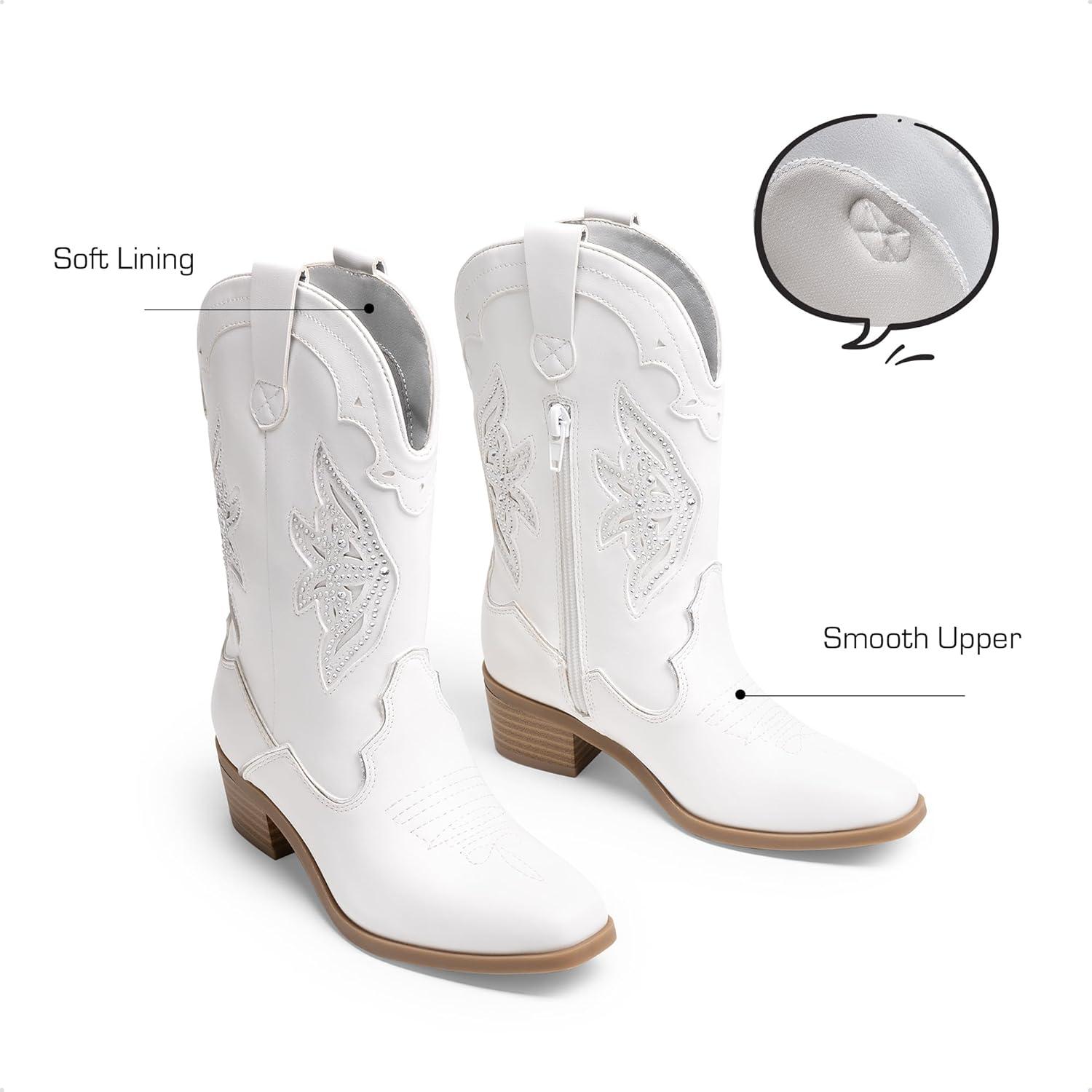 imageDREAM PAIRS Girls Cowgirl Cowboy Boots Western Fashion Mid Calf BootsWhite