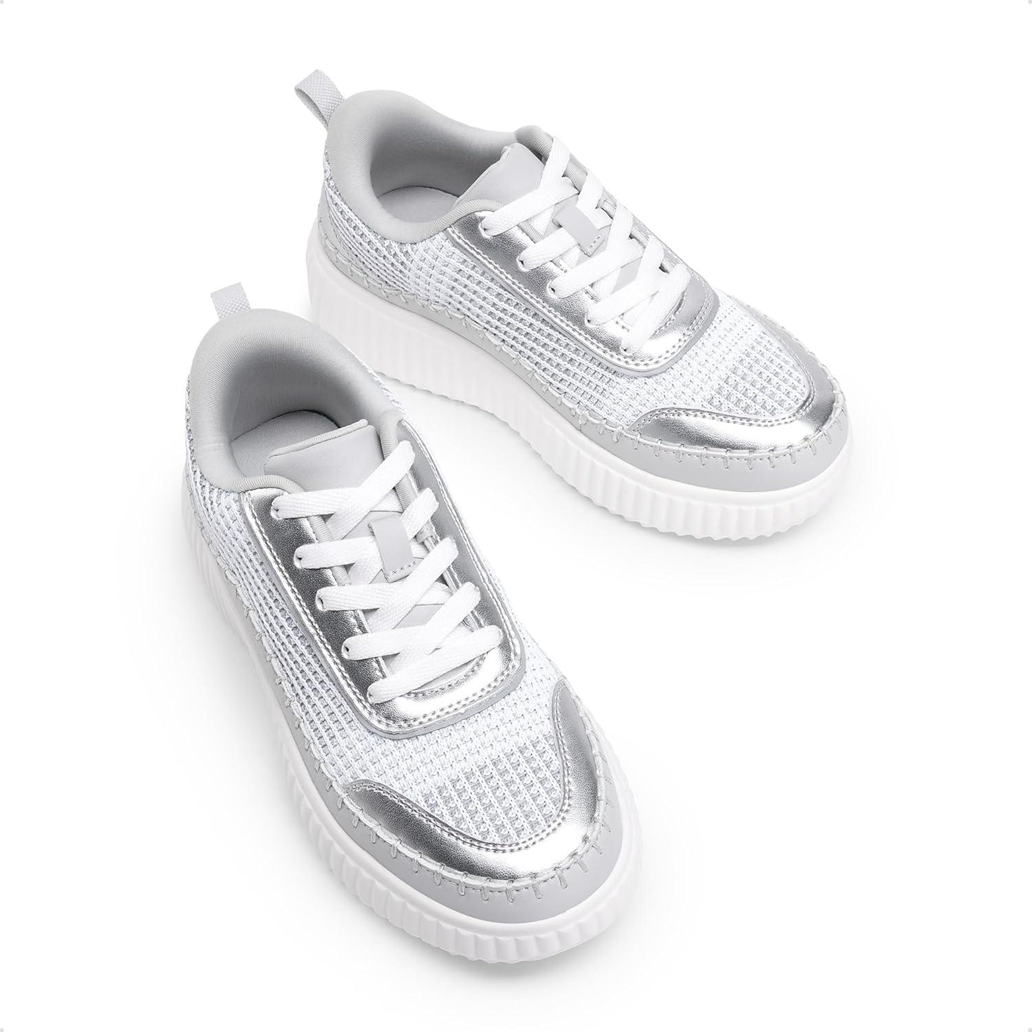 imageDREAM PAIRS Girls Fashion Sneakers Tennis Shoes Kids Platform Lightweight Lace Up Casual Walking ShoesSilver