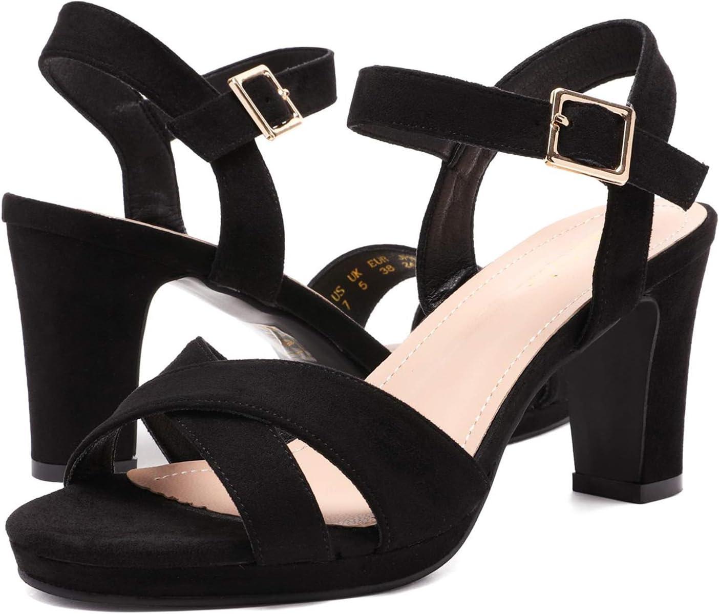 imageDREAM PAIRS Womens Chunky Heels Open Toe Ankle Strap Sparkly Heels Pump SandalsBlackSuede