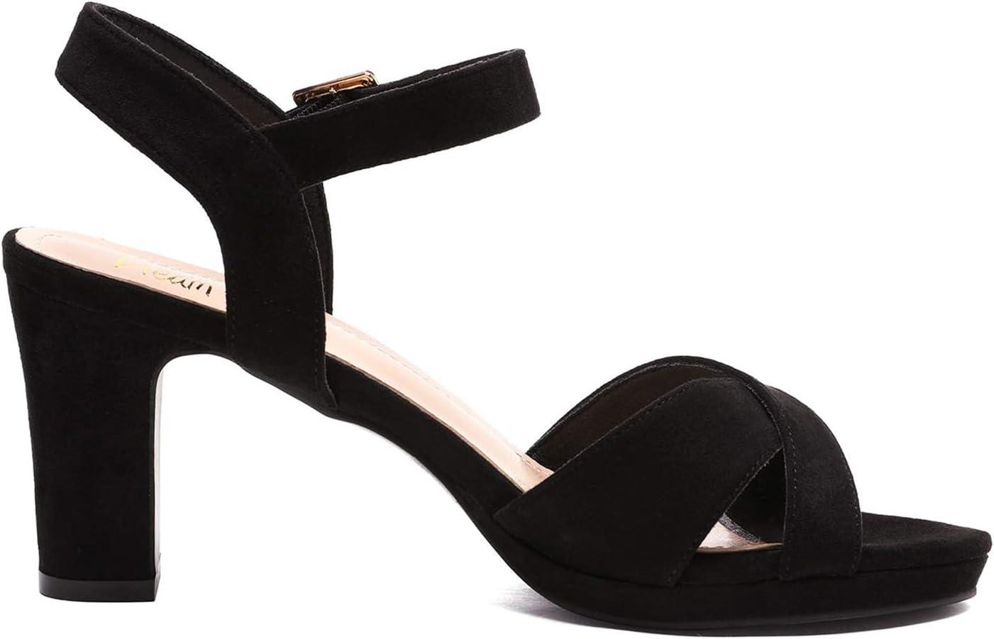 imageDREAM PAIRS Womens Chunky Heels Open Toe Ankle Strap Sparkly Heels Pump SandalsBlackSuede