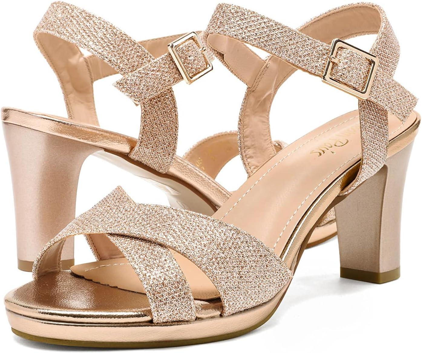 imageDREAM PAIRS Womens Chunky Heels Open Toe Ankle Strap Sparkly Heels Pump SandalsChampagneGlitter