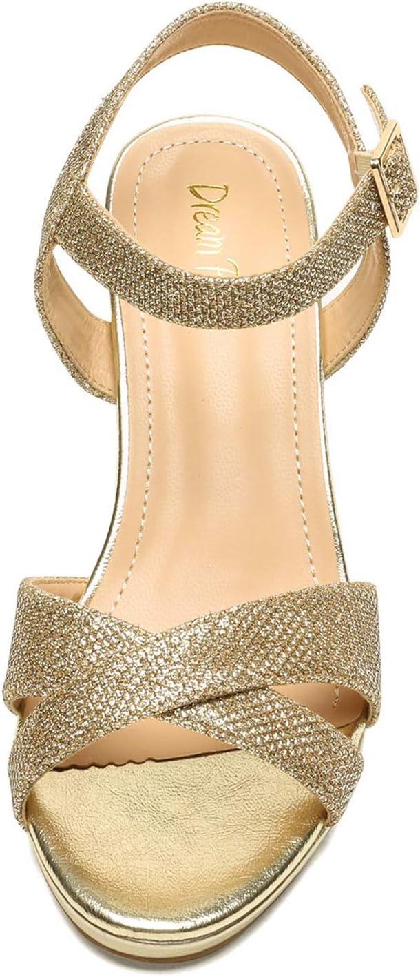 imageDREAM PAIRS Womens Chunky Heels Open Toe Ankle Strap Sparkly Heels Pump SandalsGoldGlitter