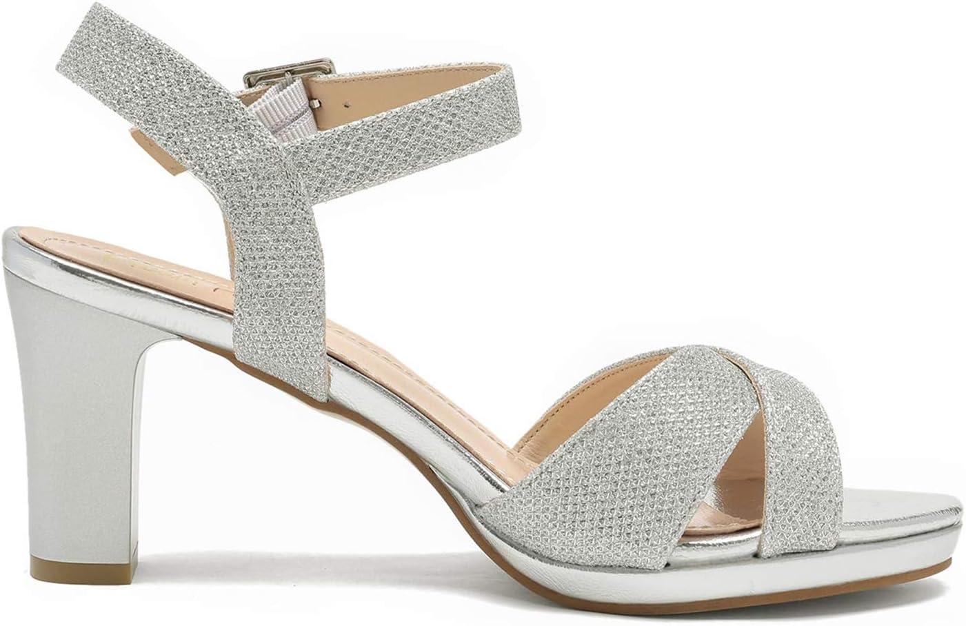 imageDREAM PAIRS Womens Chunky Heels Open Toe Ankle Strap Sparkly Heels Pump SandalsSilverGlitter