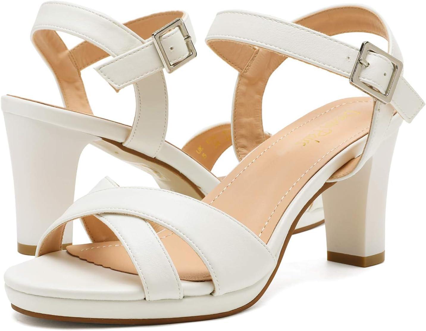 imageDREAM PAIRS Womens Chunky Heels Open Toe Ankle Strap Sparkly Heels Pump SandalsWhitePu