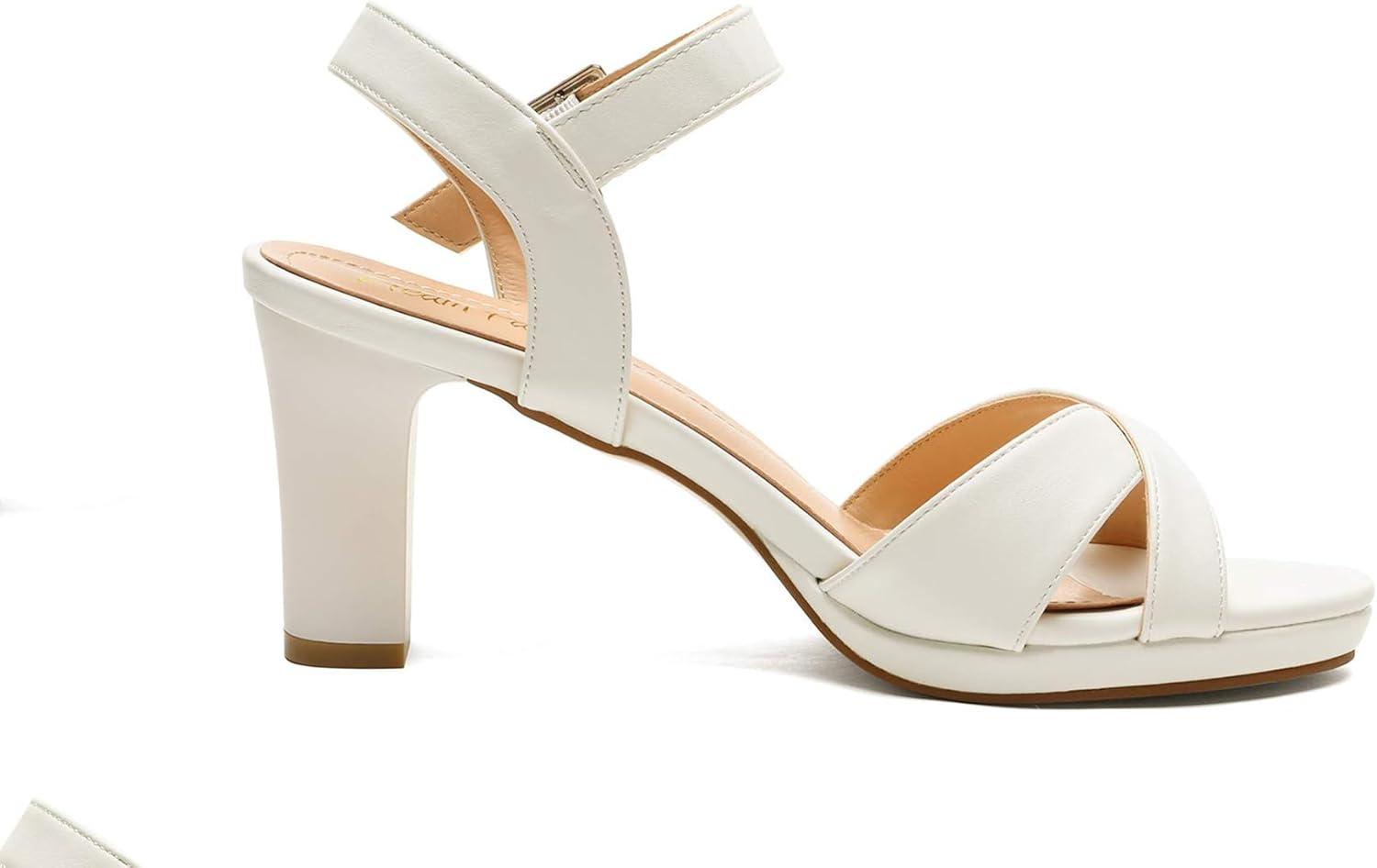 imageDREAM PAIRS Womens Chunky Heels Open Toe Ankle Strap Sparkly Heels Pump SandalsWhitePu