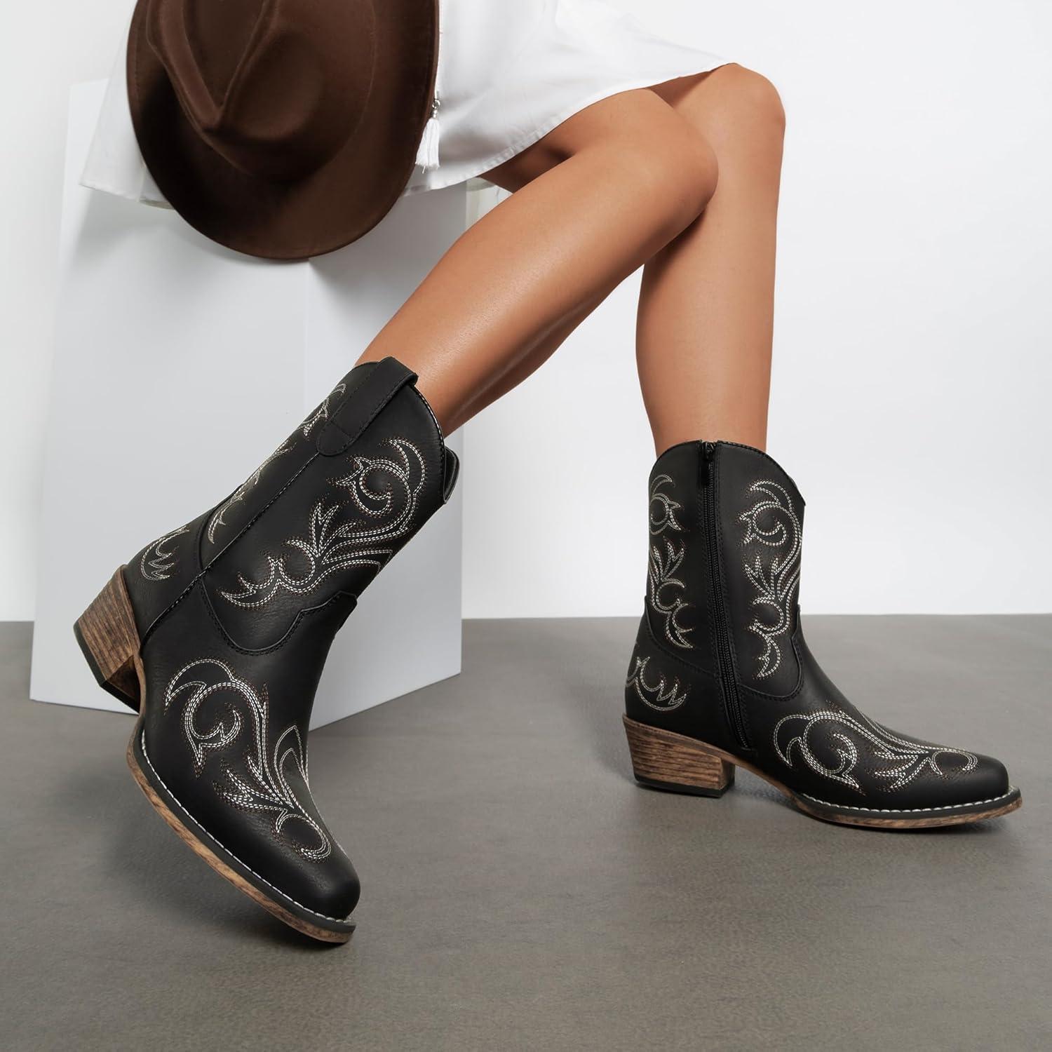 imageDREAM PAIRS Womens Cowboy Cowgirl Western Boots Embroidered Stitched Ankle Boots Square Toe Chunky Heel Fashion Short Booties with ZipperBlack