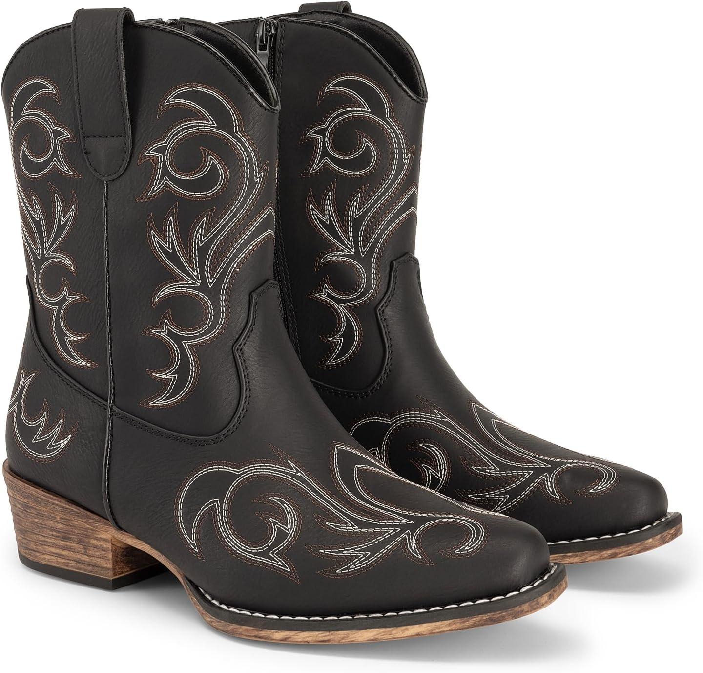 imageDREAM PAIRS Womens Cowboy Cowgirl Western Boots Embroidered Stitched Ankle Boots Square Toe Chunky Heel Fashion Short Booties with ZipperBlack