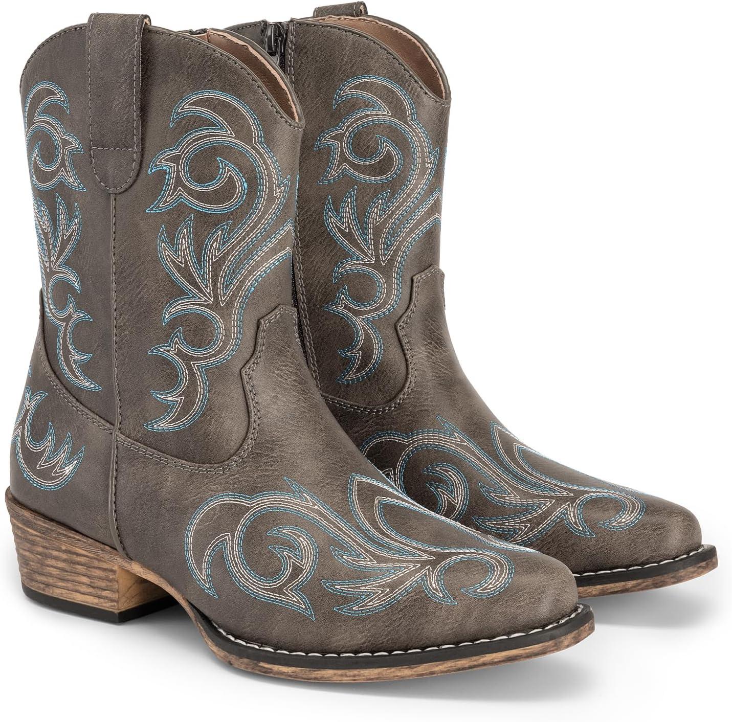 imageDREAM PAIRS Womens Cowboy Cowgirl Western Boots Embroidered Stitched Ankle Boots Square Toe Chunky Heel Fashion Short Booties with ZipperBrown