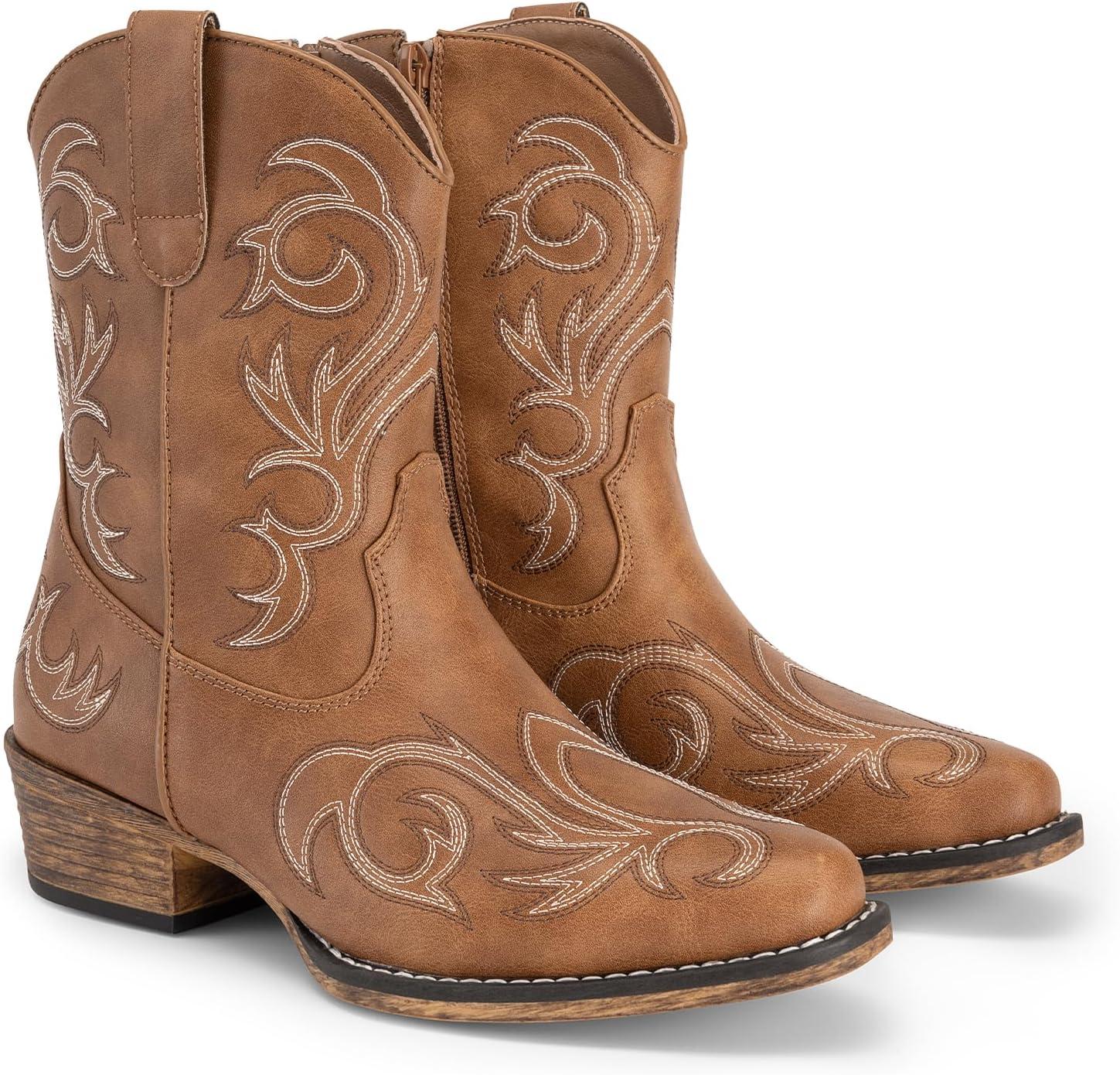 imageDREAM PAIRS Womens Cowboy Cowgirl Western Boots Embroidered Stitched Ankle Boots Square Toe Chunky Heel Fashion Short Booties with ZipperTan