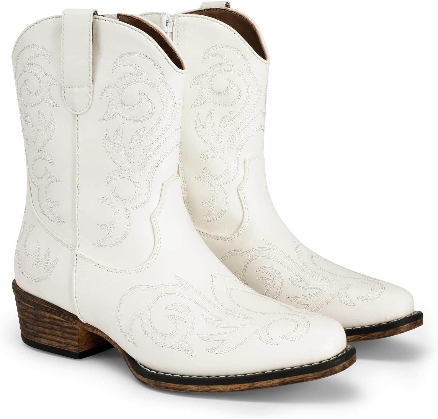 imageDREAM PAIRS Womens Cowboy Cowgirl Western Boots Embroidered Stitched Ankle Boots Square Toe Chunky Heel Fashion Short Booties with ZipperWhite