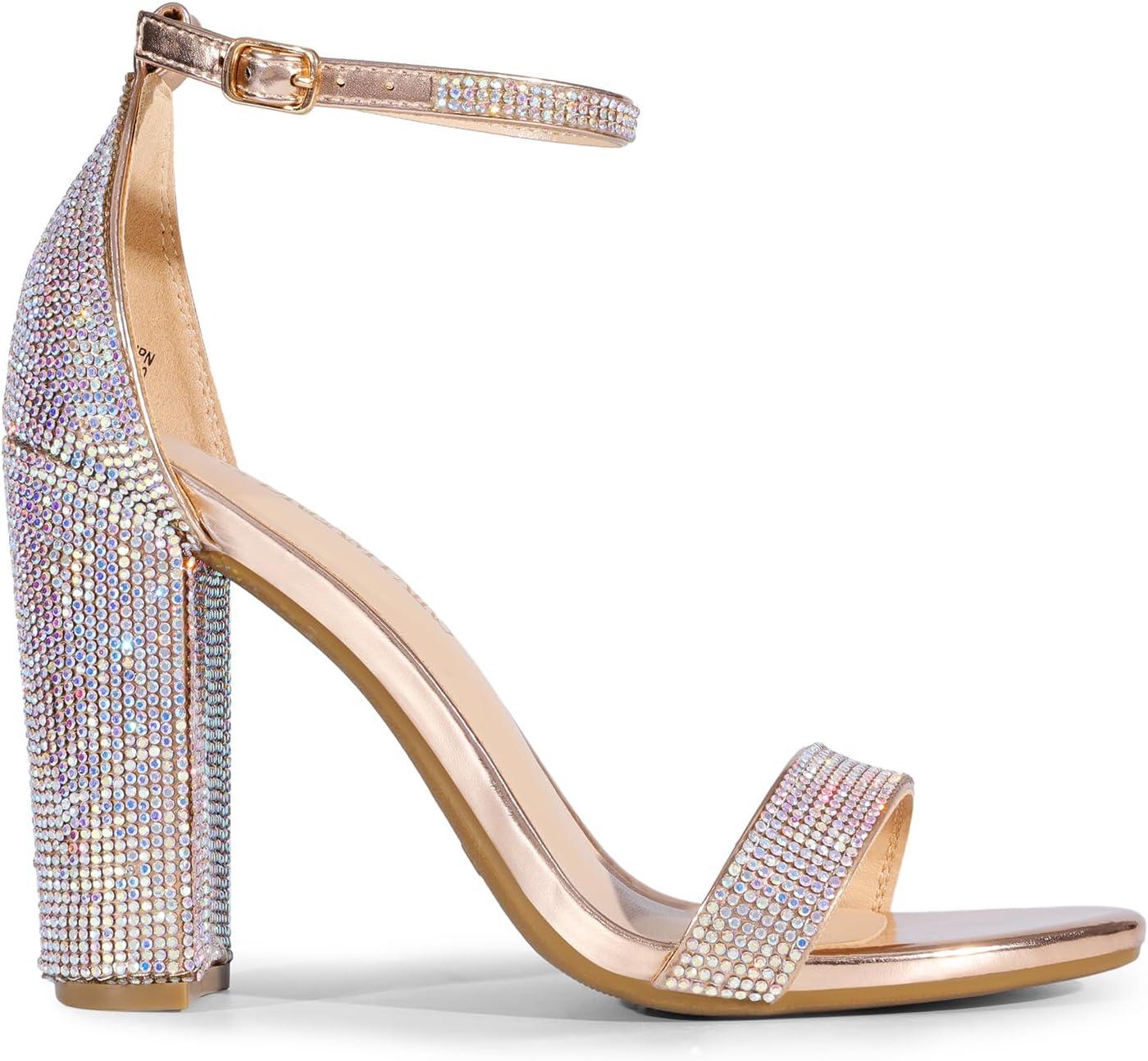 imageDREAM PAIRS Womens HiChunk High Heel Pump SandalsRose Goldrhinestone