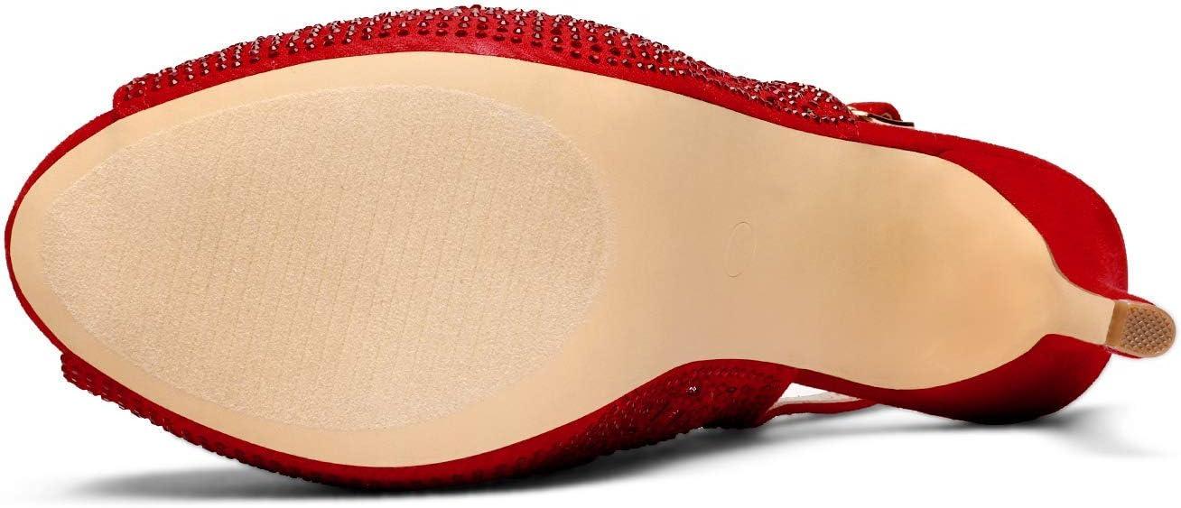 imageDREAM PAIRS Womens High Heels Platform Dress Rhinestones Peep Toe Pumps ShoesRedSuede