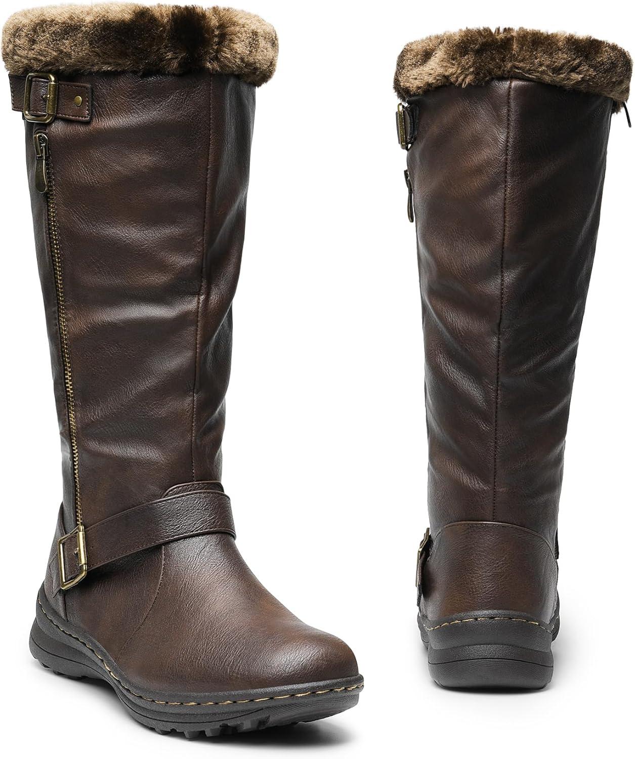 imageDREAM PAIRS Womens Knee High Boots Thick Faux Fur Lined Winter Snow Warm Boots with ZipperBrownPu