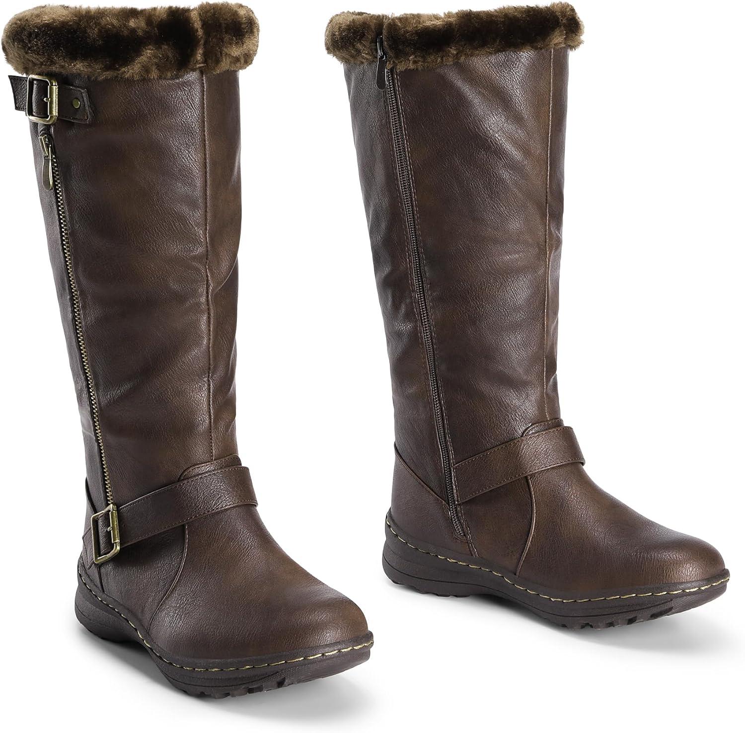 imageDREAM PAIRS Womens Knee High Boots Thick Faux Fur Lined Winter Snow Warm Boots with ZipperBrownPu