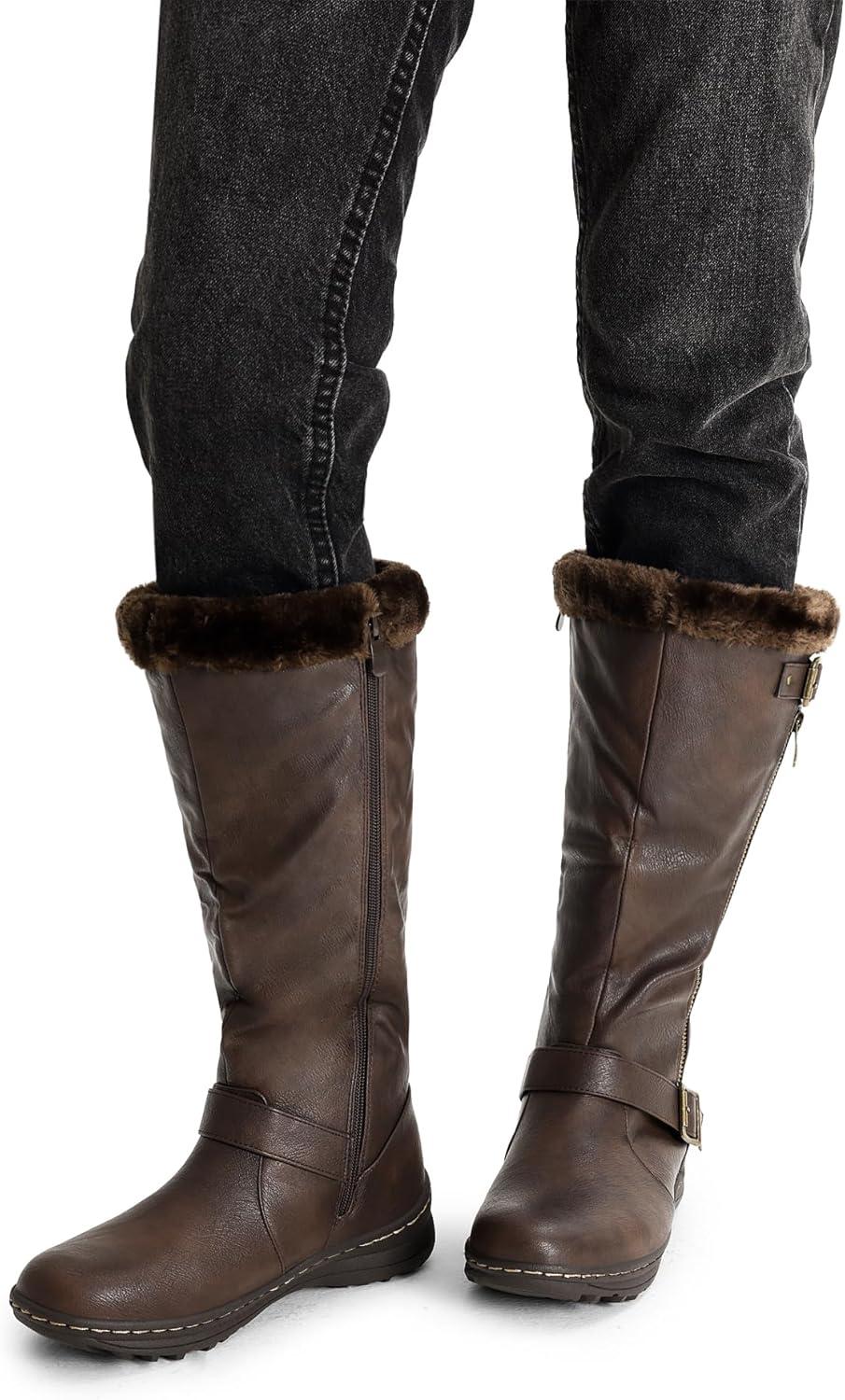 imageDREAM PAIRS Womens Knee High Boots Thick Faux Fur Lined Winter Snow Warm Boots with ZipperBrownPu