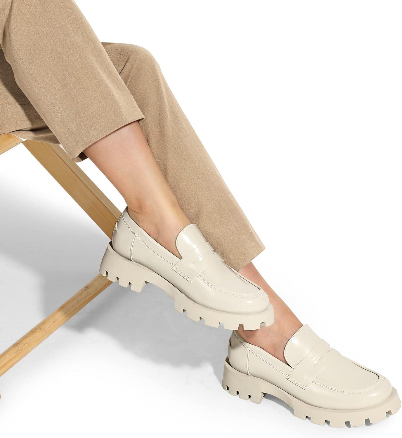 imageDREAM PAIRS Womens Loafers Lug Sole Slip On Platform Chunky Penny Loafers for Women Dressy and Work Business Casual Shoes for WomenBeigepat