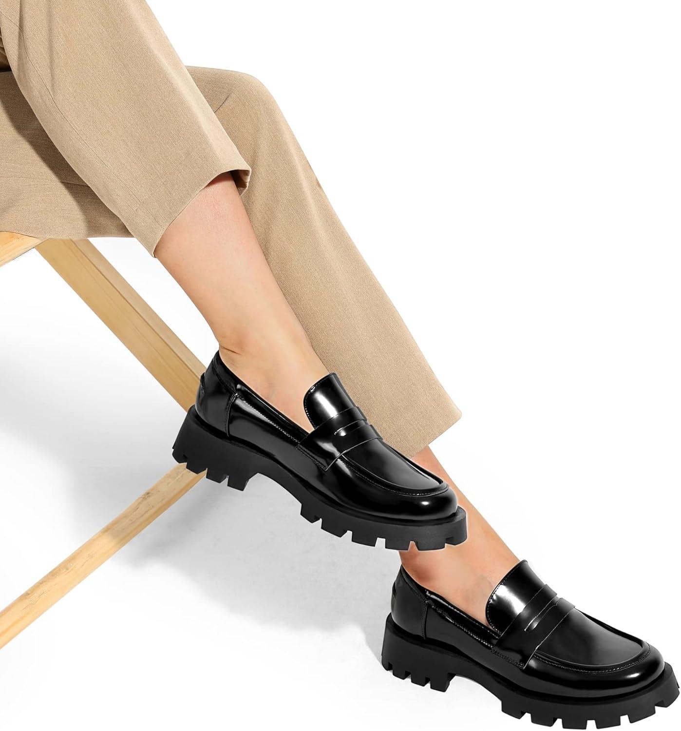 imageDREAM PAIRS Womens Loafers Lug Sole Slip On Platform Chunky Penny Loafers for Women Dressy and Work Business Casual Shoes for WomenBlackpat