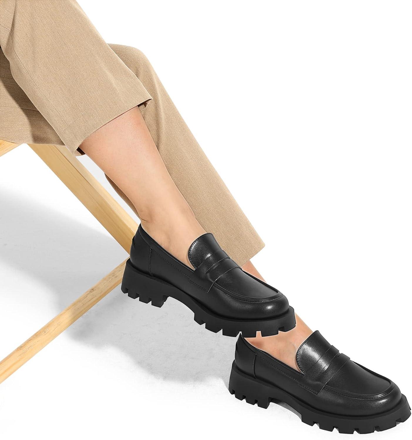 imageDREAM PAIRS Womens Loafers Lug Sole Slip On Platform Chunky Penny Loafers for Women Dressy and Work Business Casual Shoes for WomenBlackpu